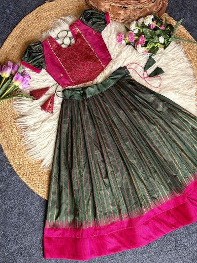 Kids Black Pink Gadwal Silk Lehenga Choli Set