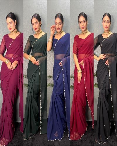 1 Min Premium Georgette Cutwork Stitched Readymade Saree - BONYHUBSAREE