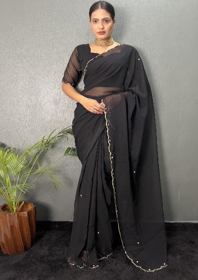 1 Min Premium Georgette Cutwork Stitched Readymade Saree - BONYHUBSAREE