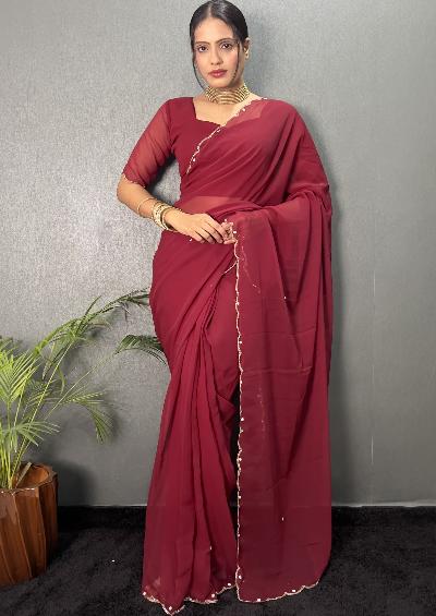 1 Min Premium Georgette Cutwork Stitched Readymade Saree - BONYHUBSAREE