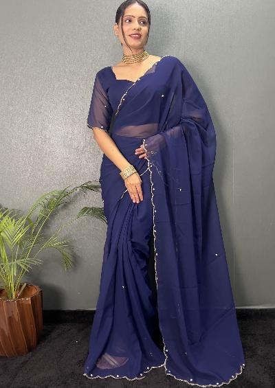 1 Min Premium Georgette Cutwork Stitched Readymade Saree - BONYHUBSAREE