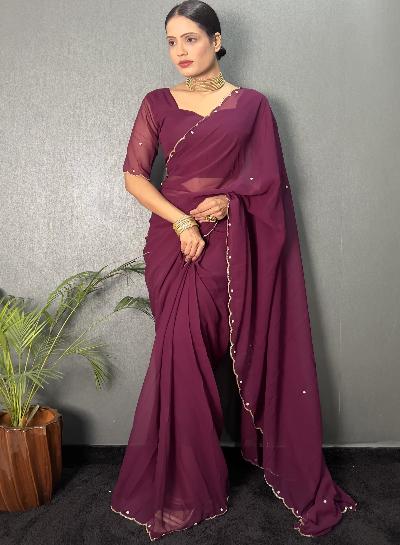 1 Min Premium Georgette Cutwork Stitched Readymade Saree - BONYHUBSAREE