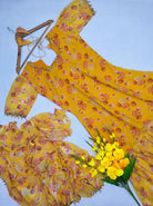 1 Min Yellow Floral Readymade Gown Saree UK Next Day - BONYHUBSAREE