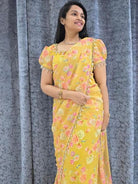 1 Min Yellow Floral Readymade Gown Saree UK Next Day - BONYHUBSAREE