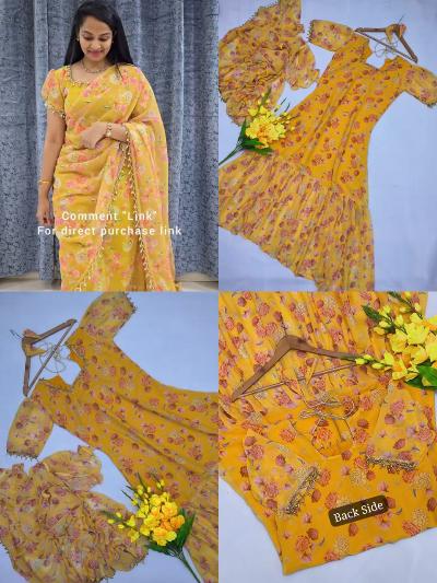 1 Min Yellow Floral Readymade Gown Saree UK Next Day - BONYHUBSAREE