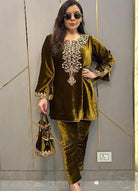 Mehendi Heavy Embroidered Velvet Full Sleeves Kurti Pant Set - BONYHUBSALWAR KAMEEZ