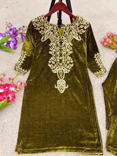 Mehendi Heavy Embroidered Velvet Full Sleeves Kurti Pant Set - BONYHUBSALWAR KAMEEZ