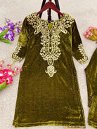 Mehendi Heavy Embroidered Velvet Full Sleeves Kurti Pant Set - BONYHUBSALWAR KAMEEZ