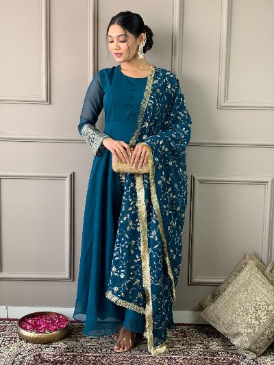 Teal Blue Georgette Plain Anarkali Suit With Embroidered Dupatta - BONYHUBSALWAR KAMEEZ