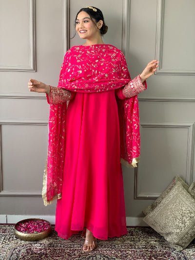Rani Pink Georgette Plain Anarkali Suit With Embroidered Dupatta - BONYHUBSALWAR KAMEEZ