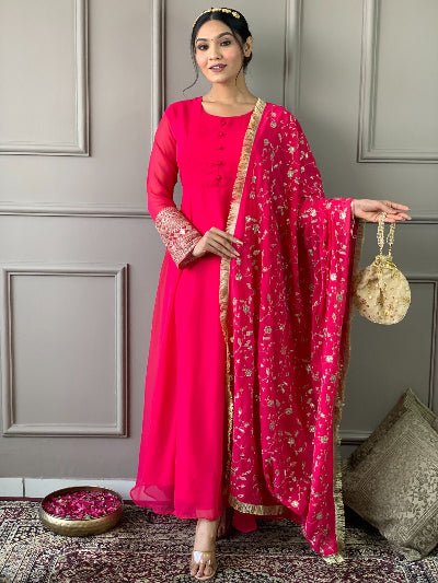 Rani Pink Georgette Plain Anarkali Suit With Embroidered Dupatta - BONYHUBSALWAR KAMEEZ