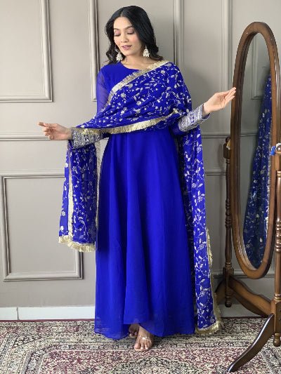 Electric Blue Georgette Plain Anarkali Suit With Embroidered Dupatta - BONYHUBSALWAR KAMEEZ