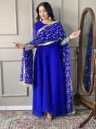 Electric Blue Georgette Plain Anarkali Suit With Embroidered Dupatta - BONYHUBSALWAR KAMEEZ
