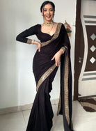 1 Min Black Velvet Stitched Readymade Saree with Blouse Piece - BONYHUBSAREE