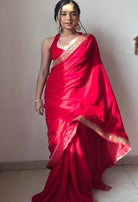 1 Min Red Velvet Stitched Ready to Wear Saree with Blouse Piece - BONYHUBSAREE