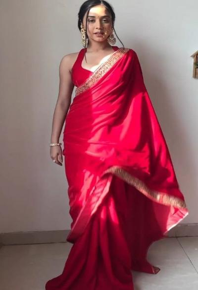 1 Min Red Velvet Stitched Ready to Wear Saree with Blouse Piece - BONYHUBSAREE