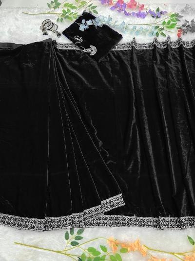 1 Min Black Velvet Stitched Readymade Saree with Blouse Piece - BONYHUBSAREE