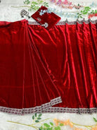 1 Min Red Velvet Stitched Ready to Wear Saree with Blouse Piece - BONYHUBSAREE
