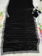 1 Min Black Velvet Stitched Readymade Saree with Blouse Piece - BONYHUBSAREE