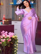 1 Min Lilac Satin Silk Ready To Wear Saree UK Next DAY - BONYHUBSAREE