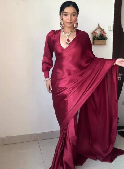 1 Min Maroon Satin Silk Stitched Readymade Saree - BONYHUBSAREE