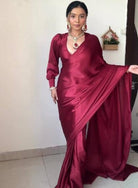 1 Min Maroon Satin Silk Stitched Readymade Saree - BONYHUBSAREE