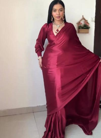 1 Min Maroon Satin Silk Stitched Readymade Saree - BONYHUBSAREE