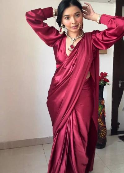 1 Min Maroon Satin Silk Stitched Readymade Saree - BONYHUBSAREE