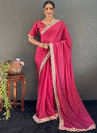 1 Min Rani Pink Georgette Lace Swarovski work Stitched Readymade Saree - BONYHUBSAREE