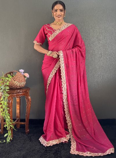 1 Min Rani Pink Georgette Lace Swarovski work Stitched Readymade Saree - BONYHUBSAREE