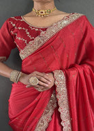 1 Min Red Georgette Lace Swarovski work Stitched Readymade Saree - BONYHUBSAREE