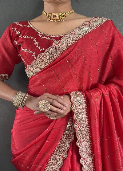 1 Min Red Georgette Lace Swarovski work Stitched Readymade Saree - BONYHUBSAREE
