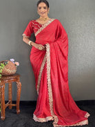 1 Min Red Georgette Lace Swarovski work Stitched Readymade Saree - BONYHUBSAREE