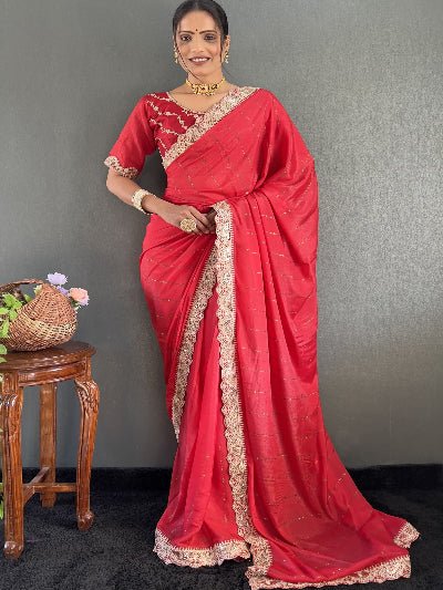 1 Min Red Georgette Lace Swarovski work Stitched Readymade Saree - BONYHUBSAREE