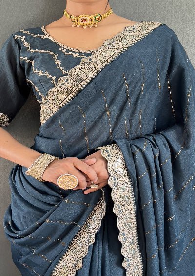 1 Min Teal Georgette Lace Swarovski work Stitched Readymade Saree - BONYHUBSAREE