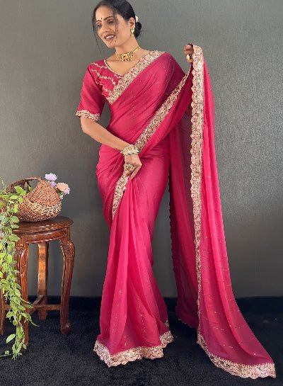 1 Min Rani Pink Georgette Lace Swarovski work Stitched Readymade Saree - BONYHUBSAREE