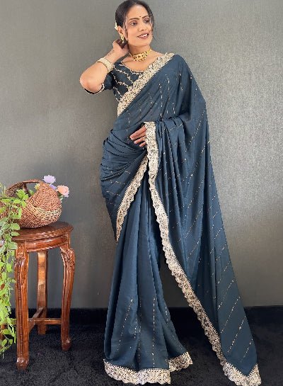 1 Min Teal Georgette Lace Swarovski work Stitched Readymade Saree - BONYHUBSAREE