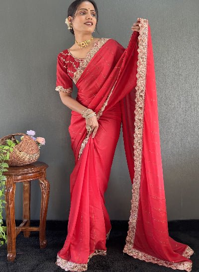 1 Min Red Georgette Lace Swarovski work Stitched Readymade Saree - BONYHUBSAREE