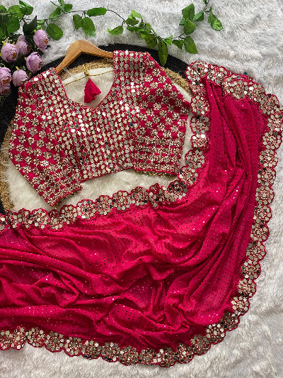 Magenta Mirror Work Saree Readymade Blouse Free UK Next Day