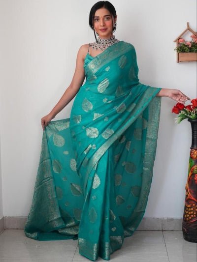 1 Min Teal Green Cotton Silk Zari Ready To Wear Saree - BONYHUBSAREE