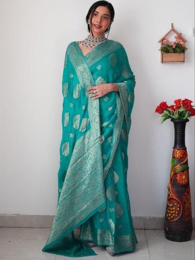 1 Min Teal Green Cotton Silk Zari Ready To Wear Saree - BONYHUBSAREE