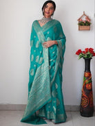 1 Min Teal Green Cotton Silk Zari Ready To Wear Saree - BONYHUBSAREE