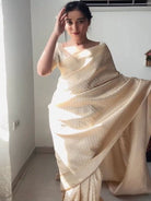 1 Min Cream Gold Banarasi Ready To Wear Saree - BONYHUBSAREE