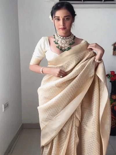 1 Min Cream Gold Banarasi Ready To Wear Saree - BONYHUBSAREE