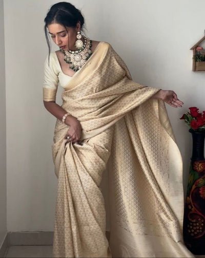 1 Min Cream Gold Banarasi Ready To Wear Saree - BONYHUBSAREE