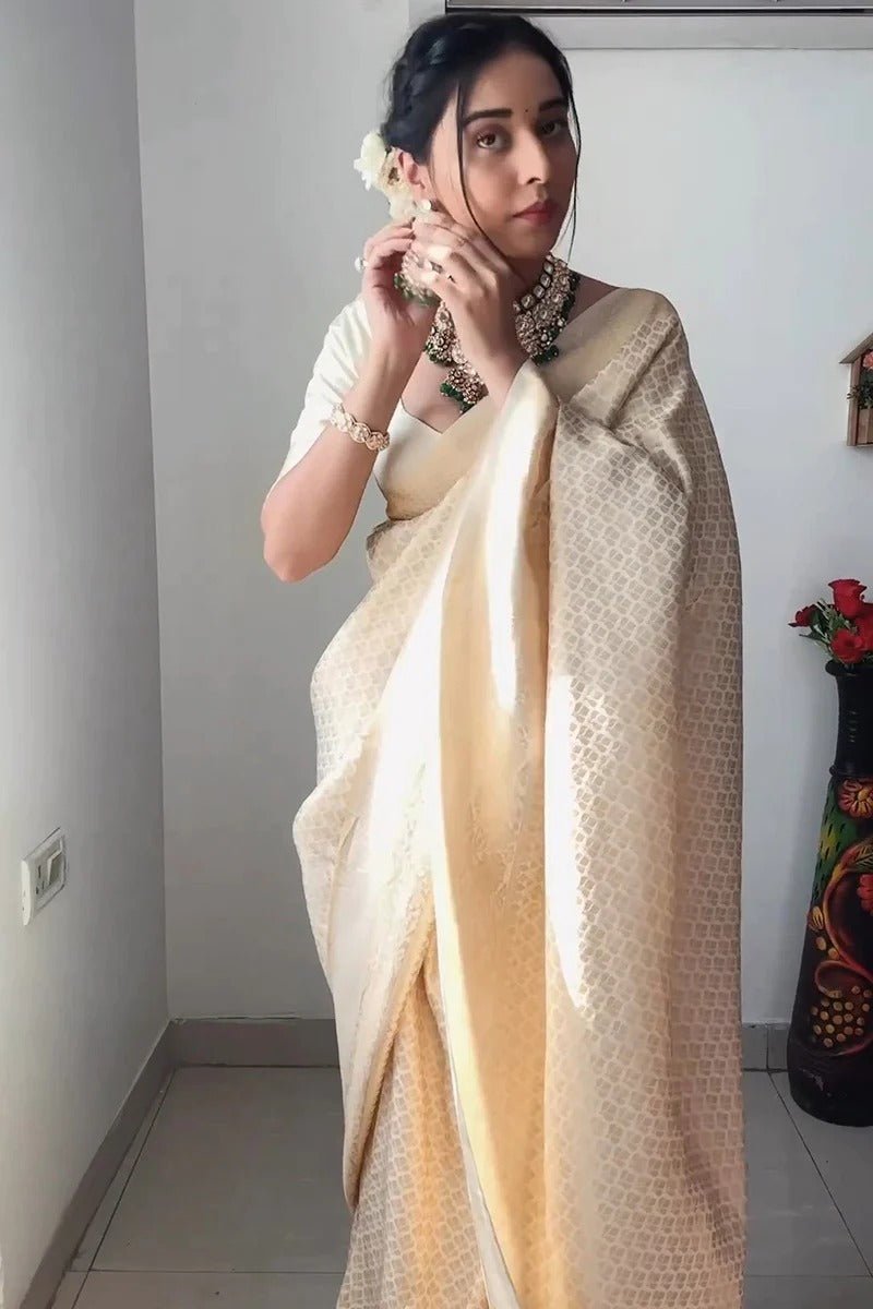 1 Min Cream Gold Banarasi Ready To Wear Saree - BONYHUBSAREE