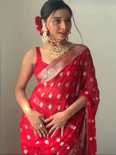 Red 1 Min Ready to wear Cotton Silk Saree UK Next Day - BONYHUBSAREE