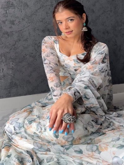 1 Min White Pastel Floral Ready To Wear Saree UK Next Day - BONYHUBSAREE