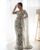 1 Min White Pastel Floral Ready To Wear Saree UK Next Day - BONYHUBSAREE