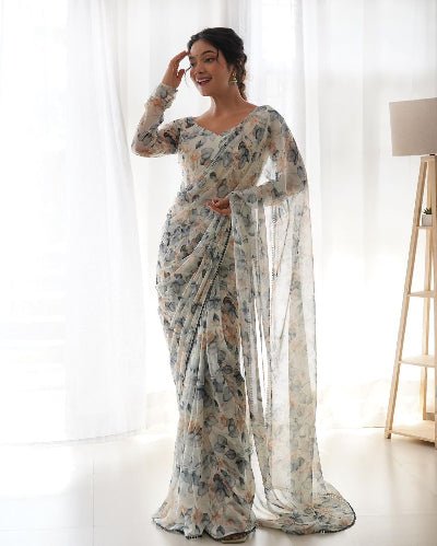 1 Min White Pastel Floral Ready To Wear Saree UK Next Day - BONYHUBSAREE